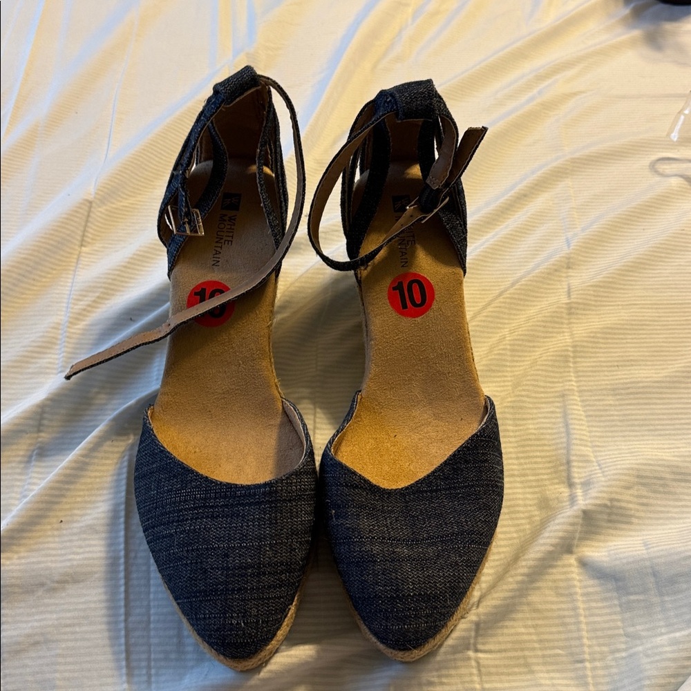 White Mountain Blue Denim ankle strap espadrille.